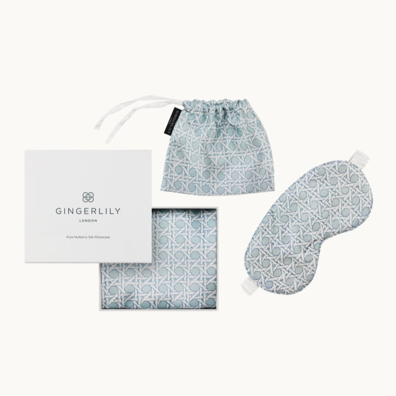 Silk Rattan Set, Piped Pillowcase & Eye Mask Blue