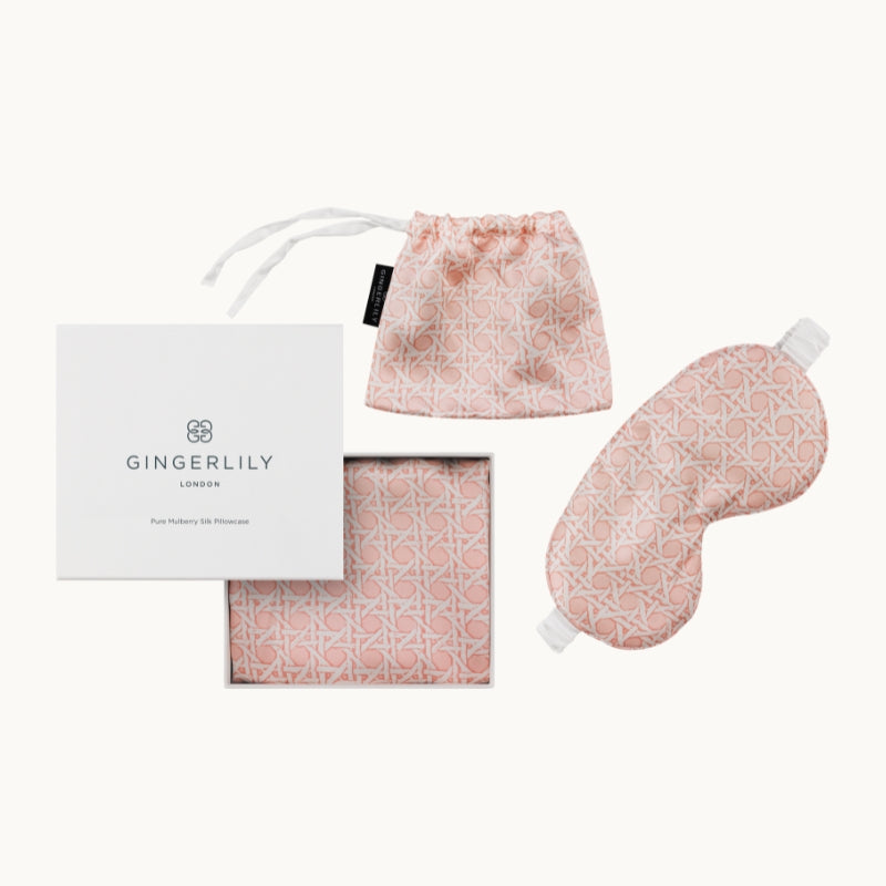 Silk Rattan Set, Piped Pillowcase & Eye Mask Pink