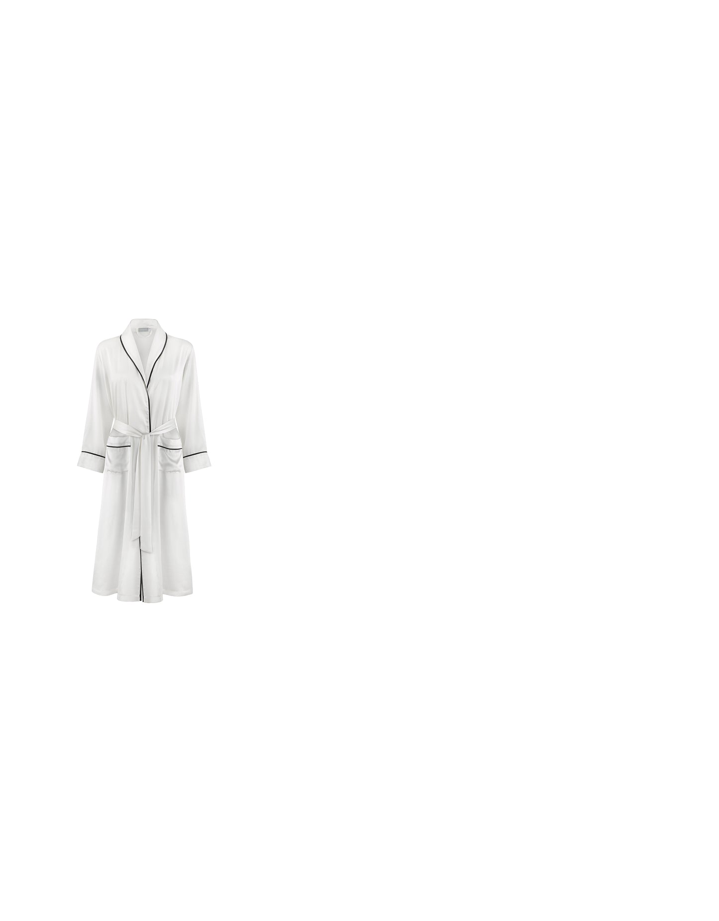 Woman wearing an ivory silk Gingerlily Basics robe