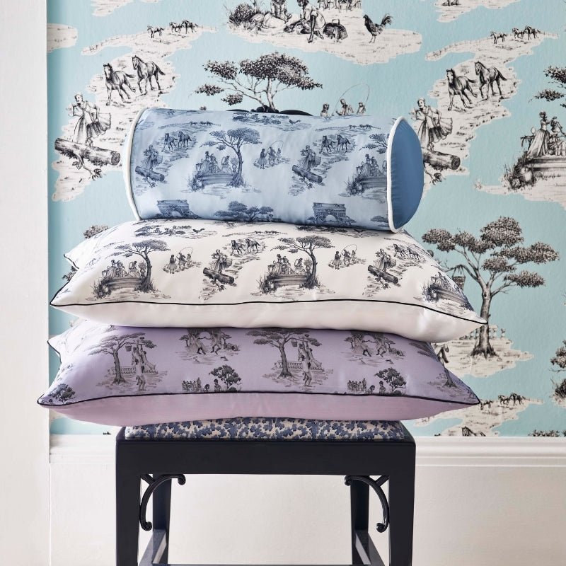 Harlem Toile Silk Bolster Cushion Blue