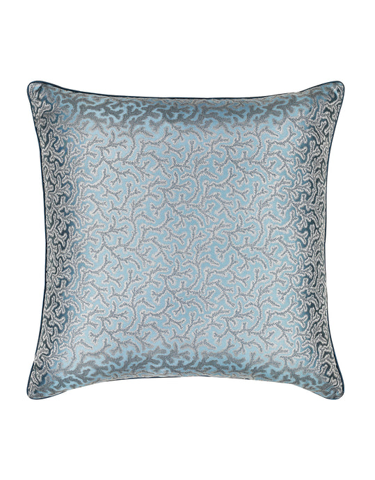 Coral-colored Fern Print Silk Square Cushion with Piped Finish in Blue