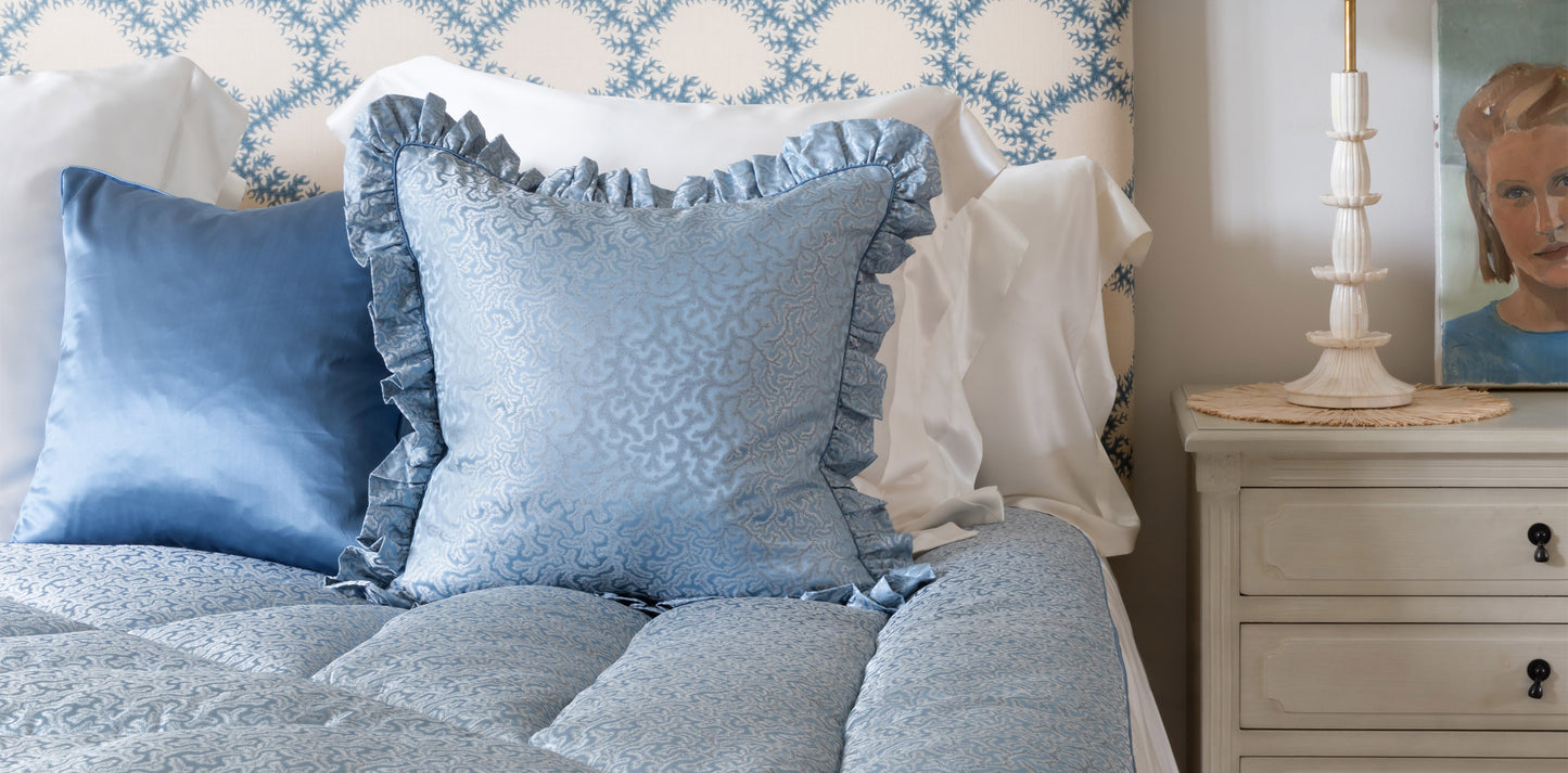 Blue silk eiderdown with coral fern design