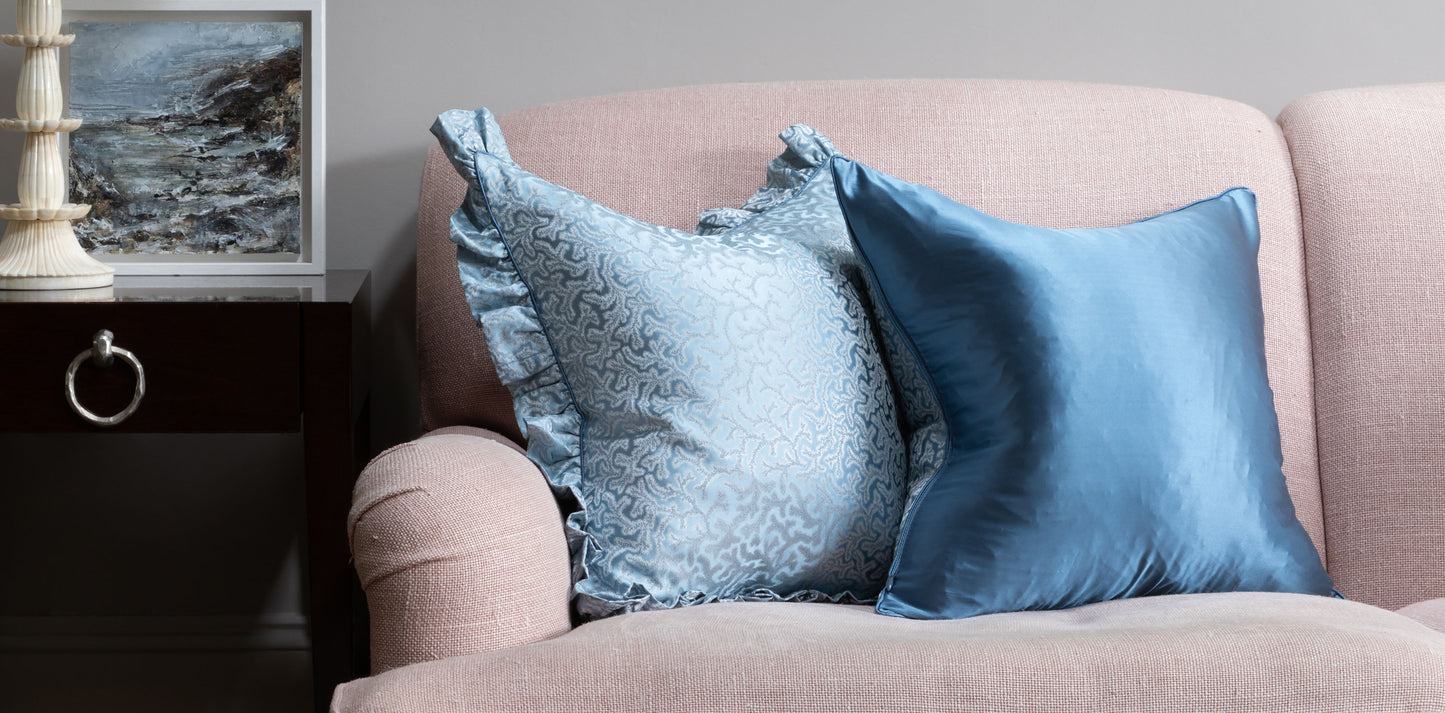 Square silk cushion in blue