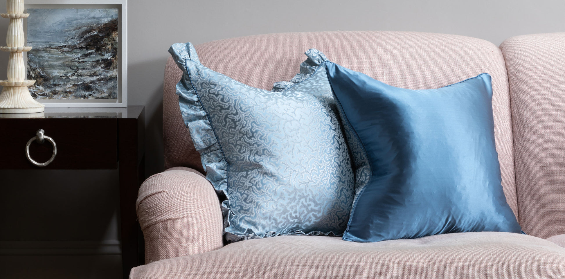 Square silk cushion in blue