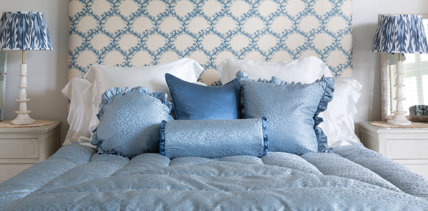 Coral Fern Silk Square Cushion with Piped Finish in Blue