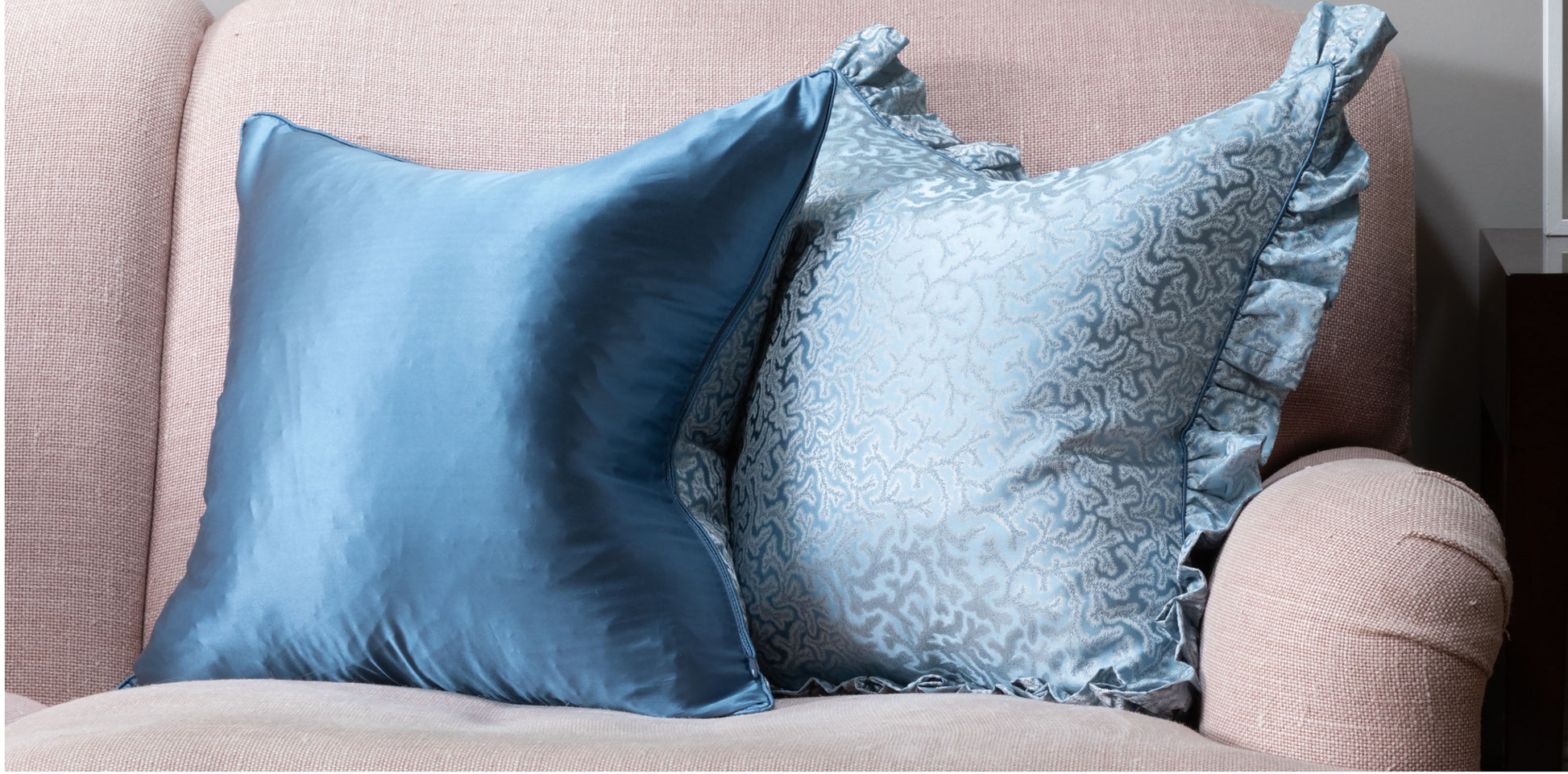Coral Fern Silk Square Cushion with Blue Piped Finish