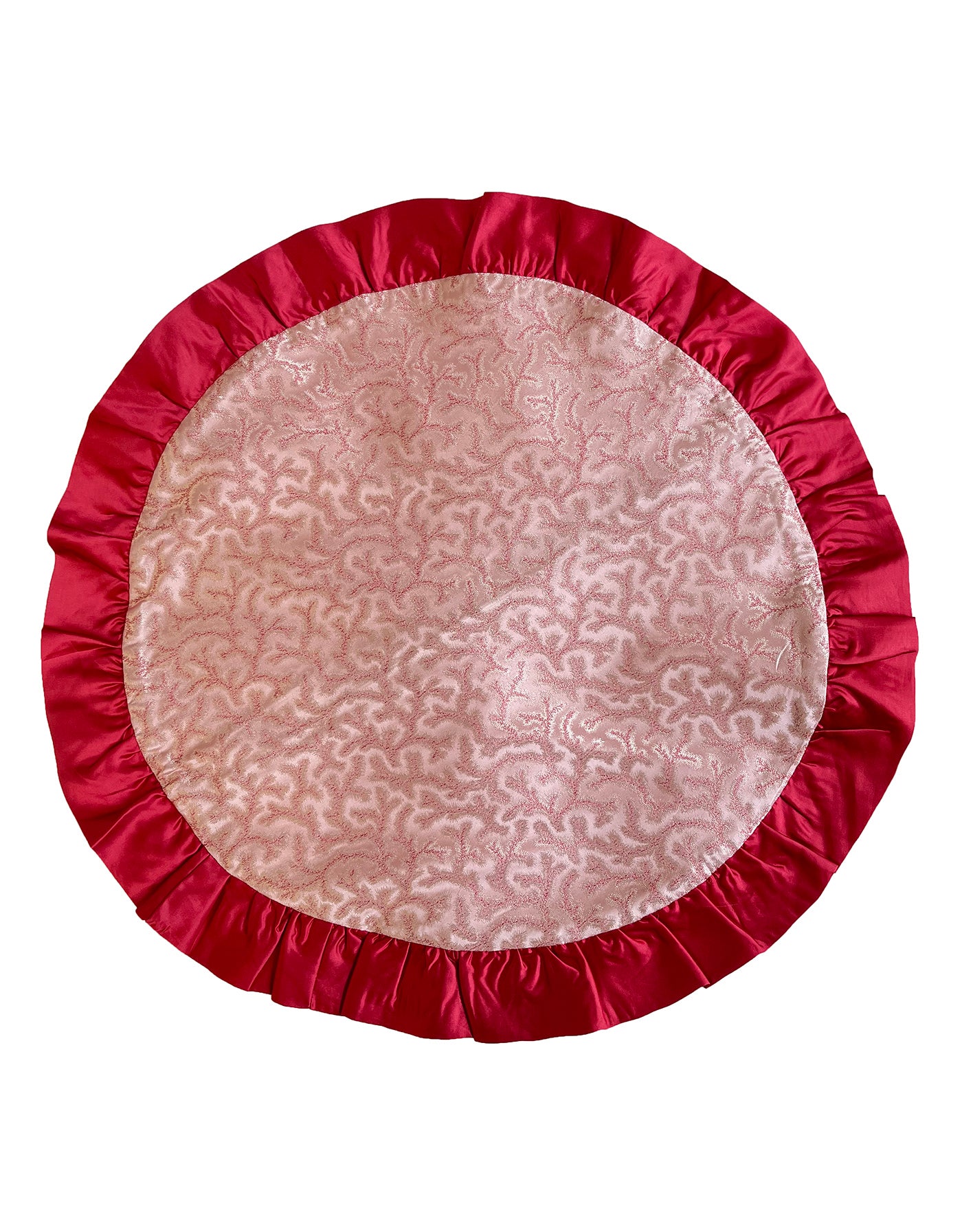 Coral and Pink Fern Patterned Silk Round Cushion Cover with Frill - Clearance
