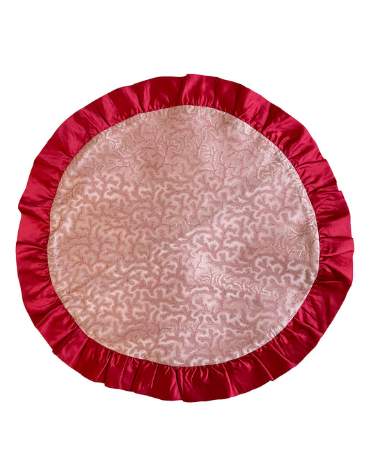 Coral and Pink Fern Patterned Silk Round Cushion Cover with Frill - Clearance