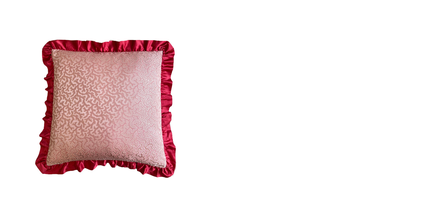 Coral Fern Silk Square Cushion Cover with Pink Frill Clearance