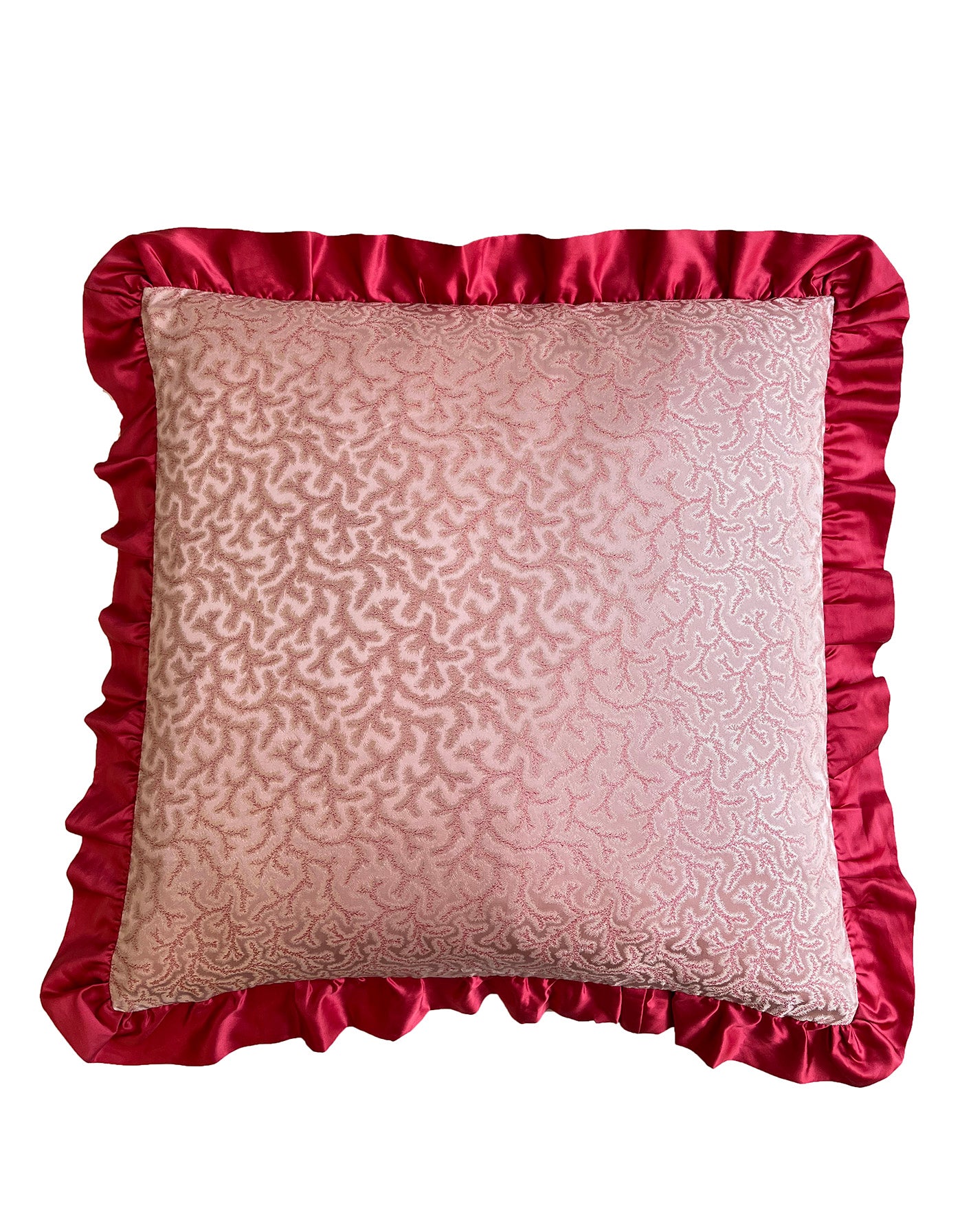 Coral Fern Cotton Square Cushion Cover with Pink Frill on Clearance