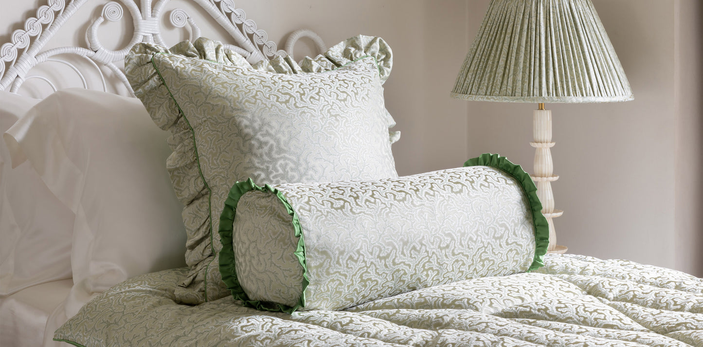 Coral Fern Green Silk Bolster Cushion