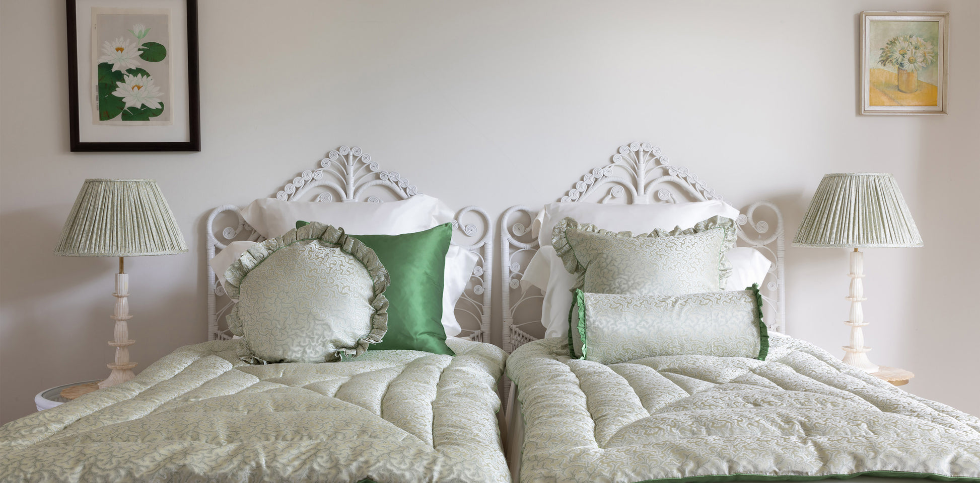 Coral fern design silk pillow with green piped finish