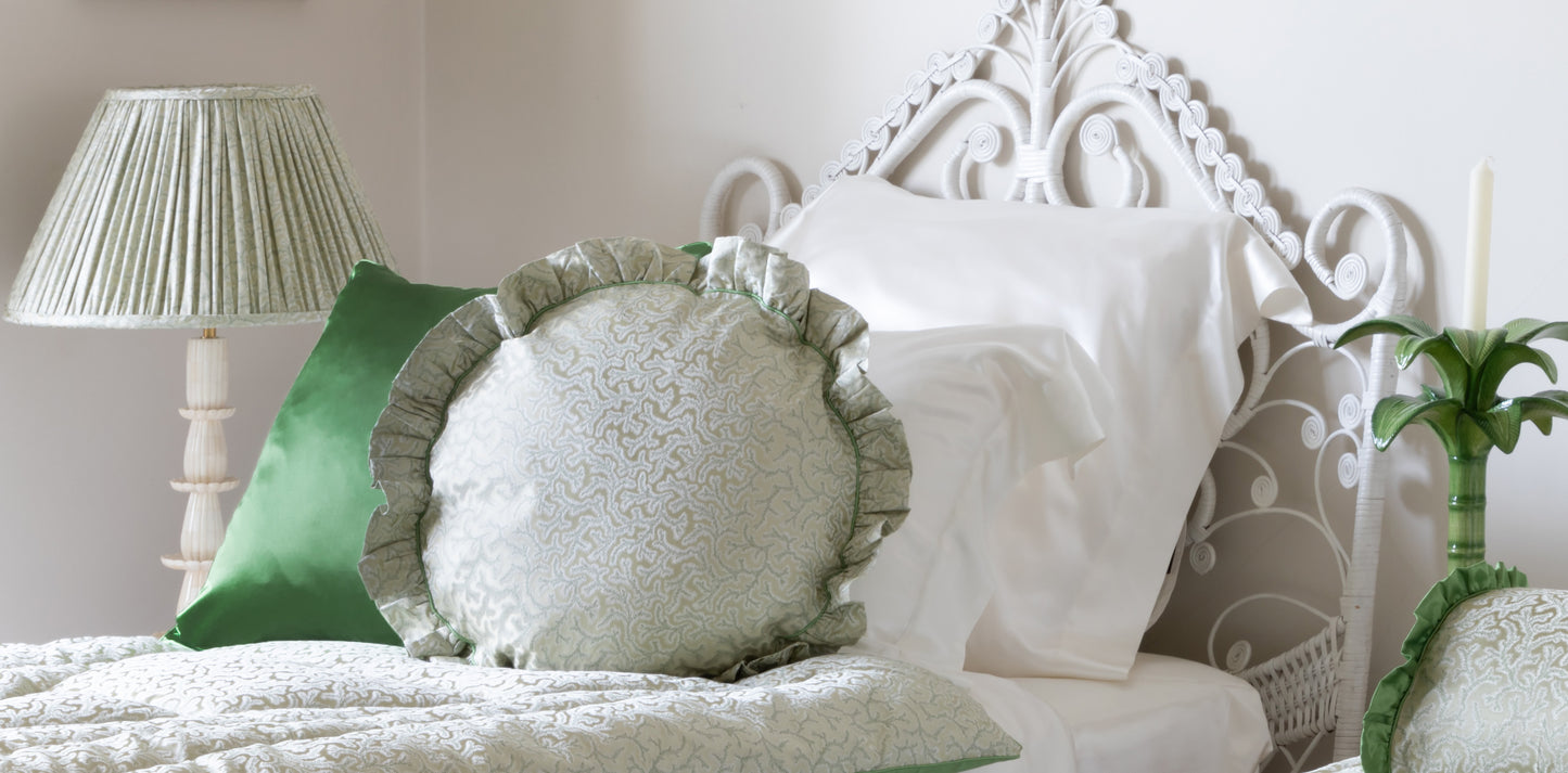 Coral Fern Silk Square Cushion with Green Piped Finish