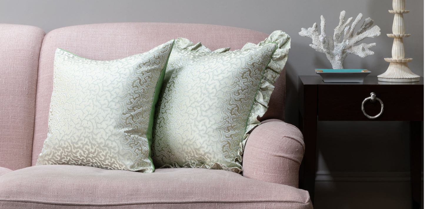 Coral Fern Patterned Green Silk Square Cushion with Piped Finish
