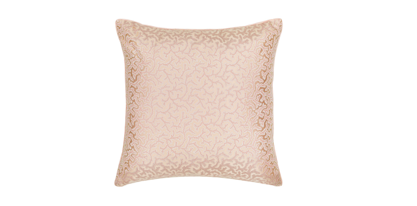 Coral-colored fern pattern silk square cushion with pink piped finish