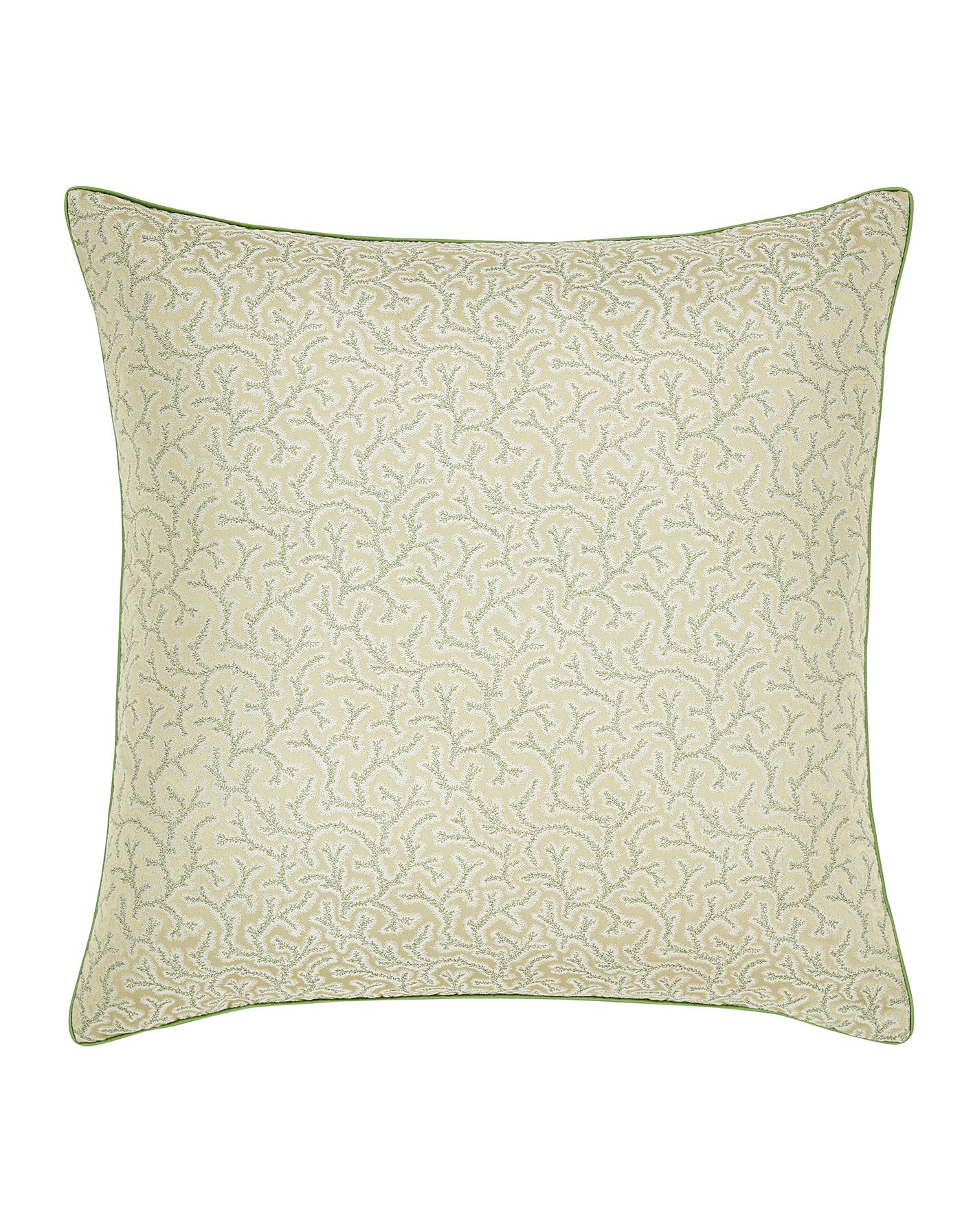 green coral fern square cushion with piped finish