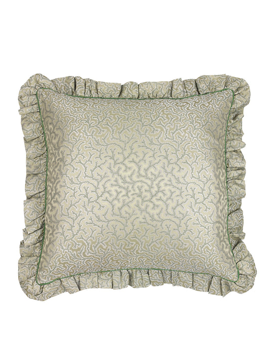 Coral green fern patterned silk cushion square