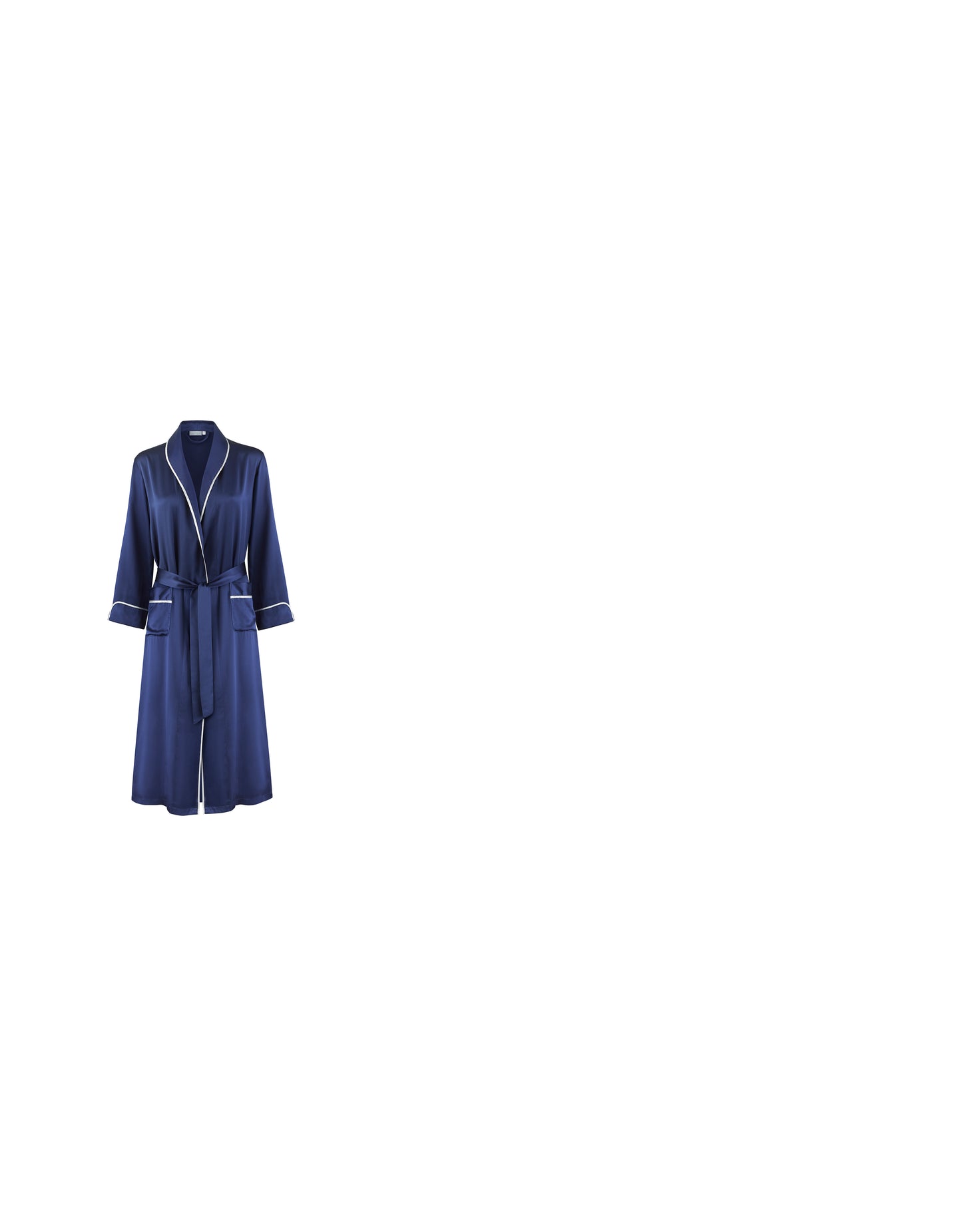 Woman wearing navy blue silk robe with Gingerlily Basics logo