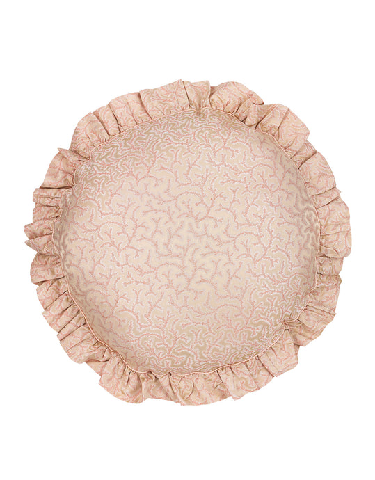Coral pink silk round cushion with fern pattern