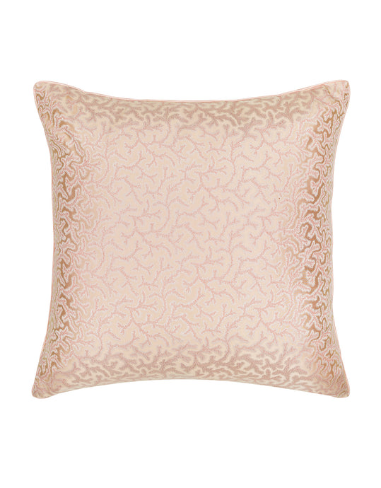 Coral colored fern patterned silk square cushion with pink piped finish
